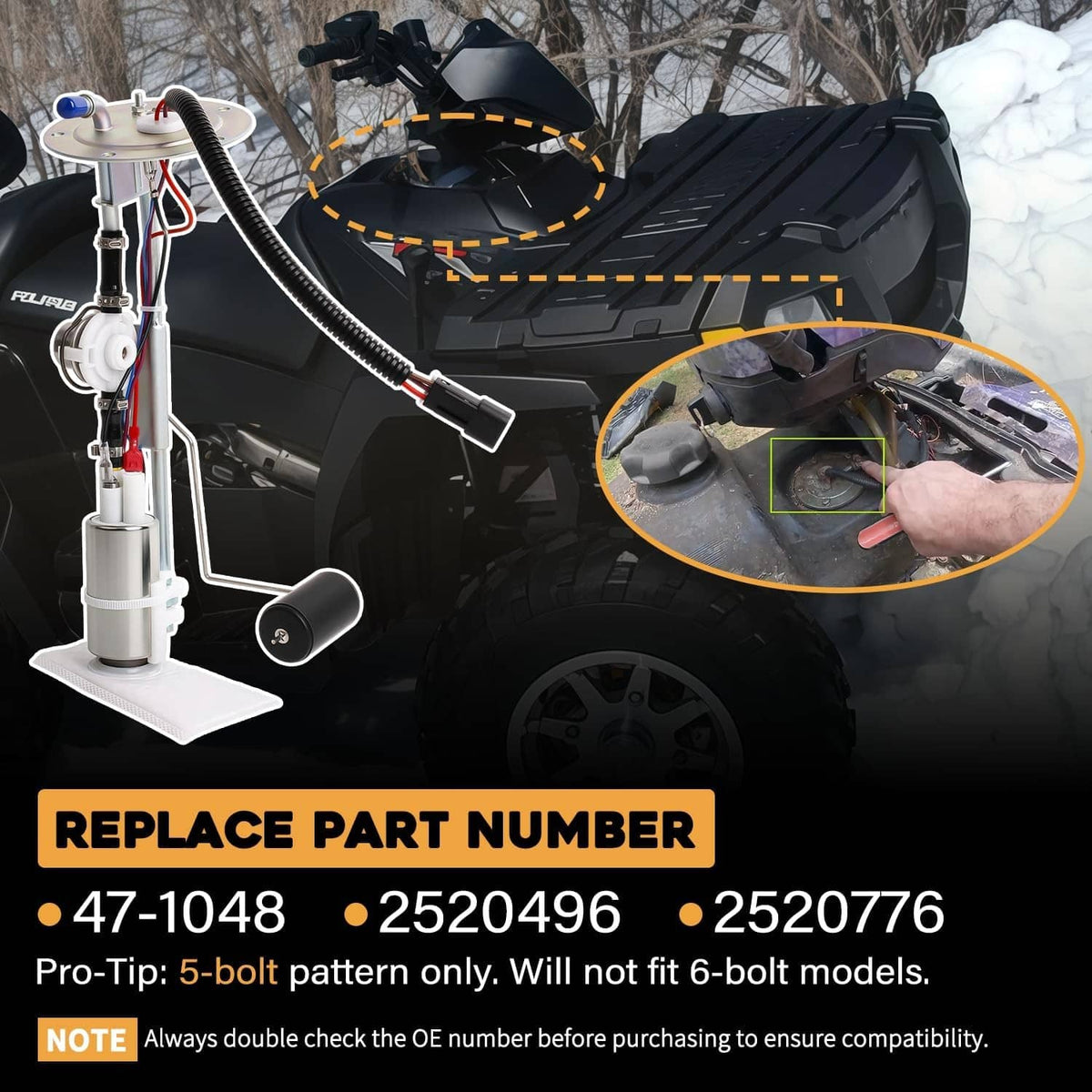 Fuel pump module being installed on an ATV fuel tank area with wiring connected