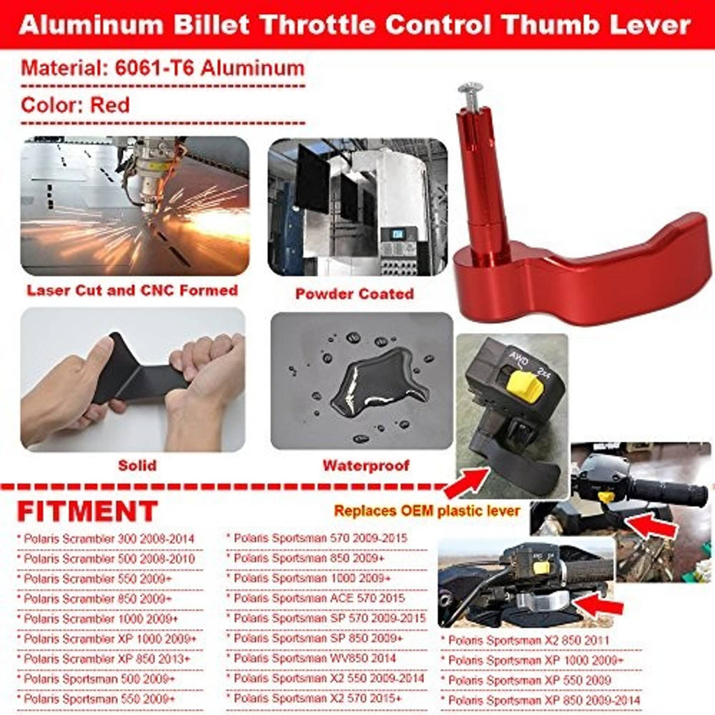 Red aluminum thumb throttle lever, close side view with mounting bolt.