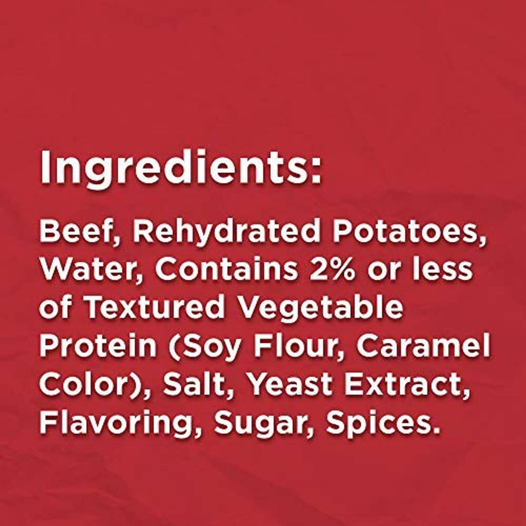Roast beef hash ingredients panel listing beef and rehydrated potatoes