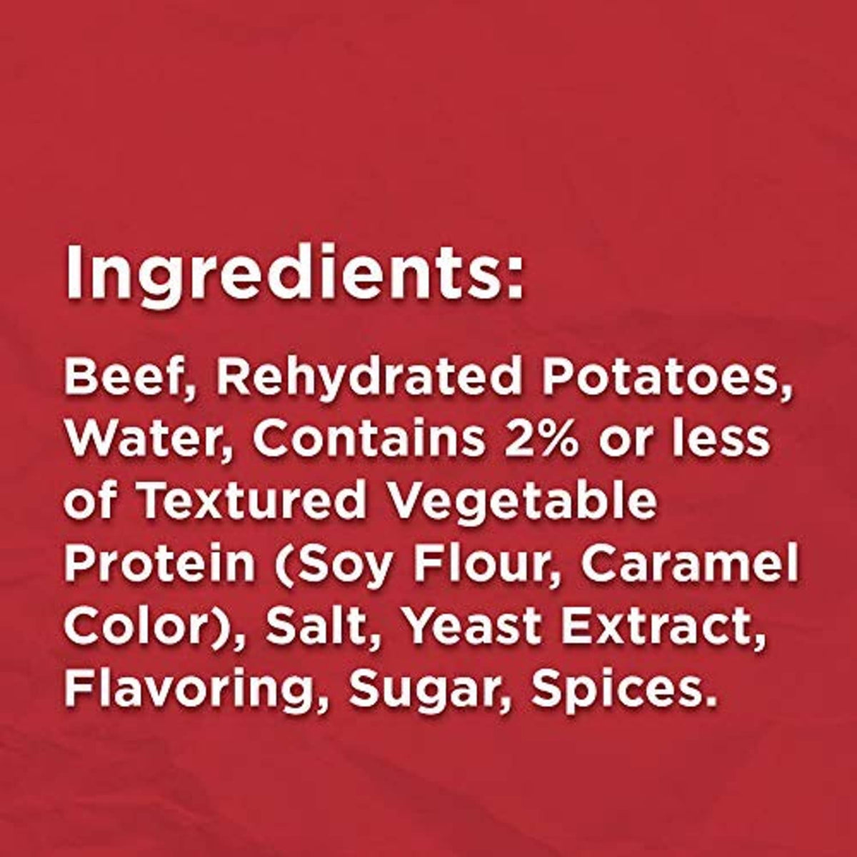 Roast beef hash ingredients panel listing beef and rehydrated potatoes