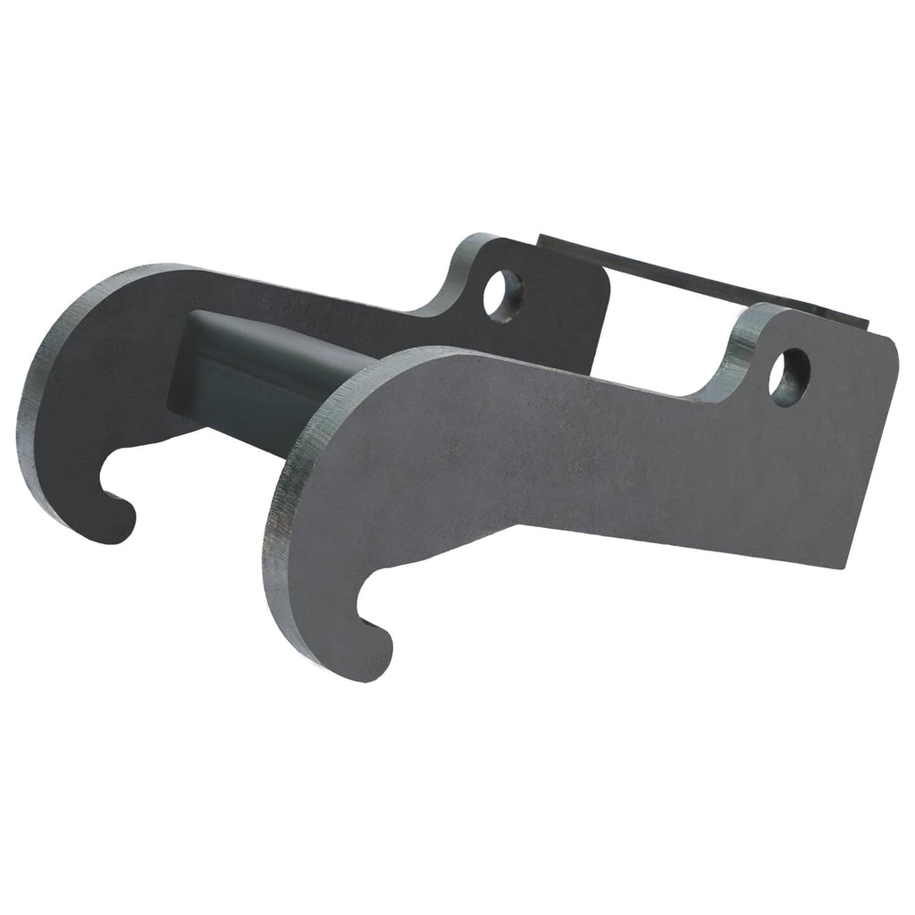 Excavator coupler bracket assembly with U-shaped ends, dark gray finish, and two bolt holes