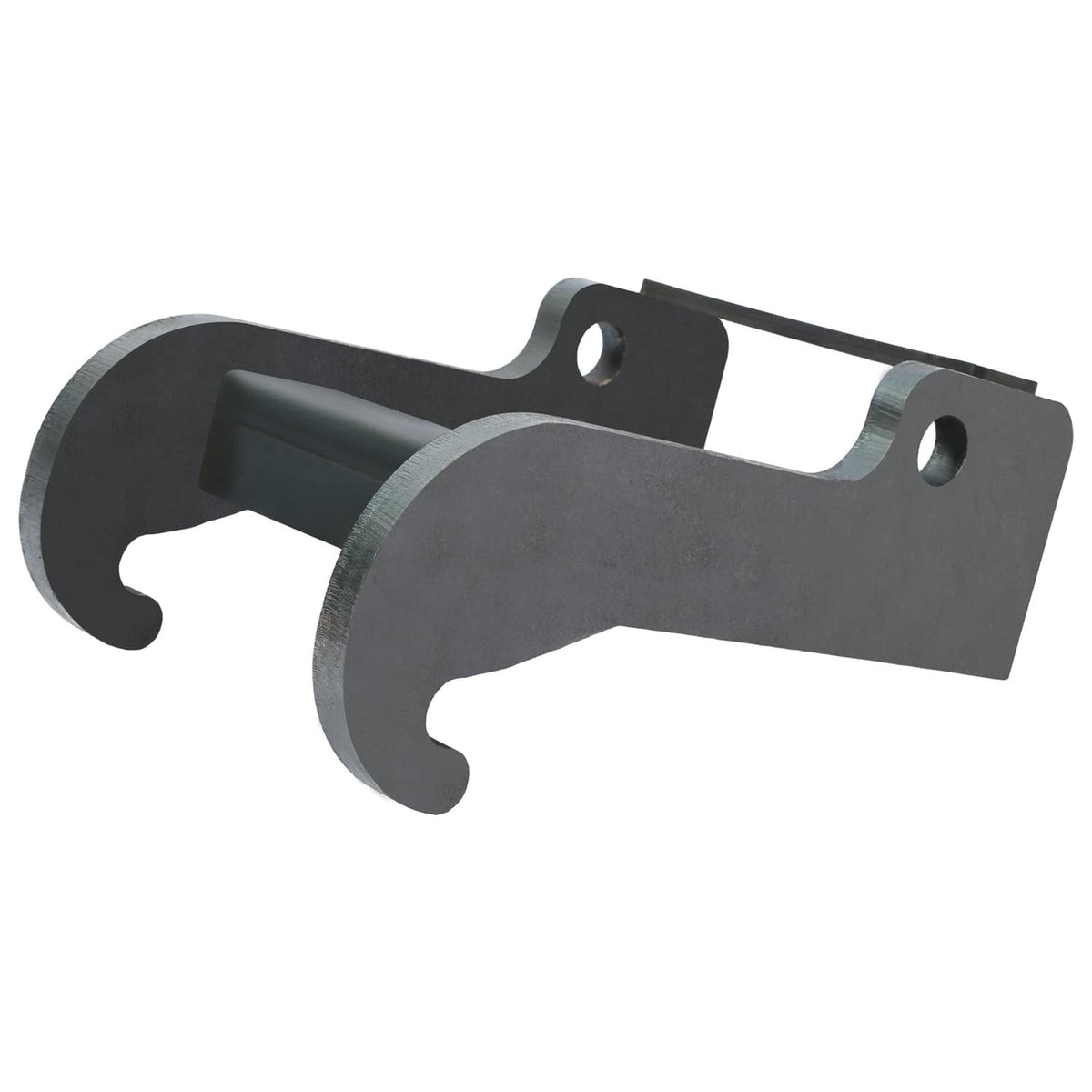 Excavator coupler bracket assembly with U-shaped ends, dark gray finish, and two bolt holes