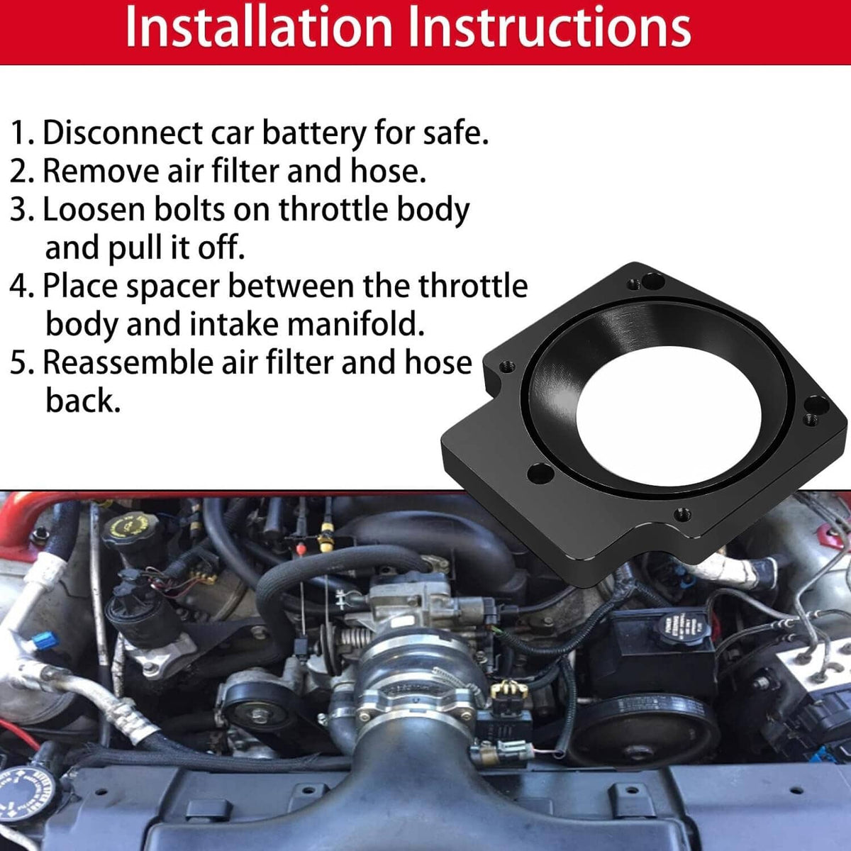 Black intake spacer adapter plate with round opening for throttle body