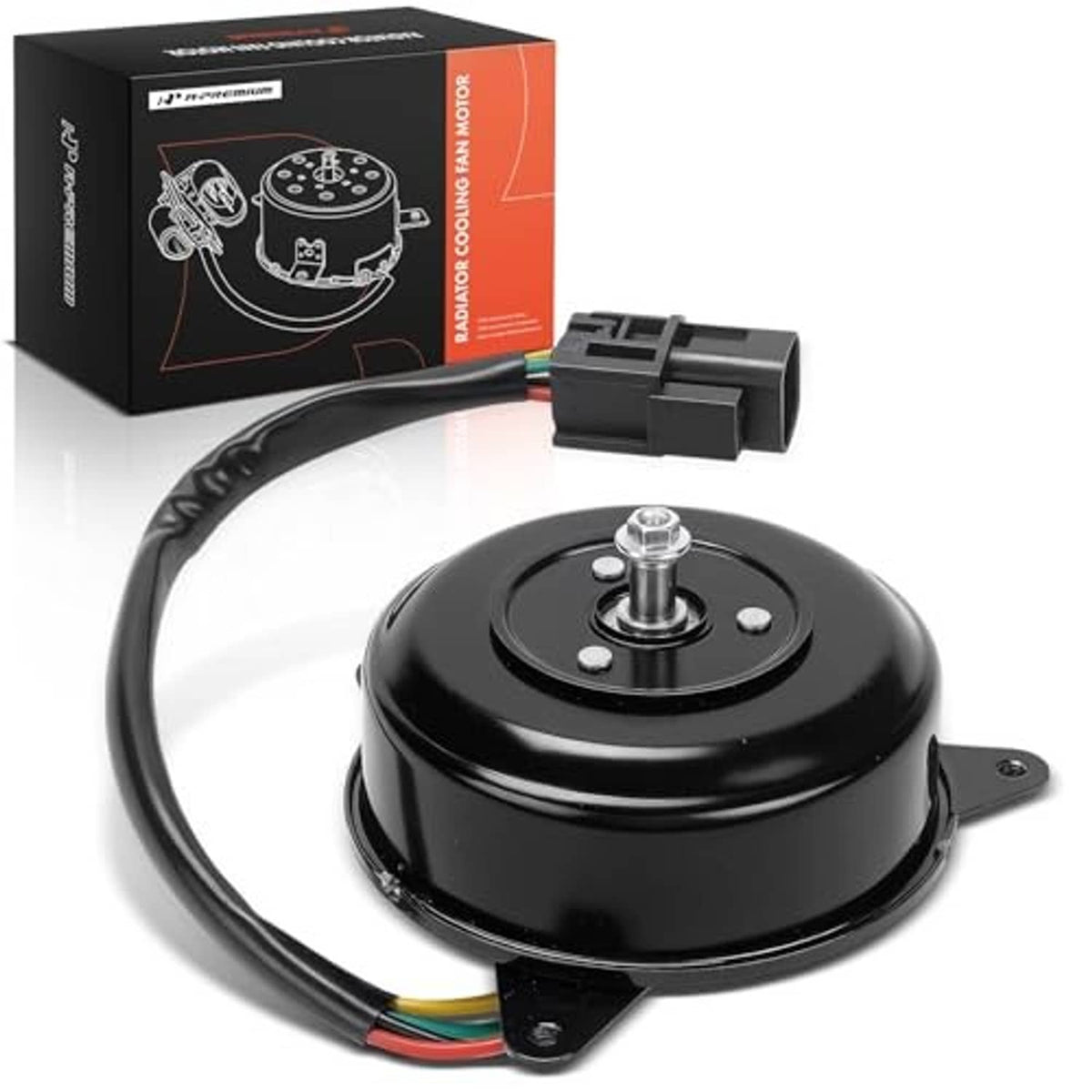 Radiator fan motor assembly with black fan motor housing and electrical plug