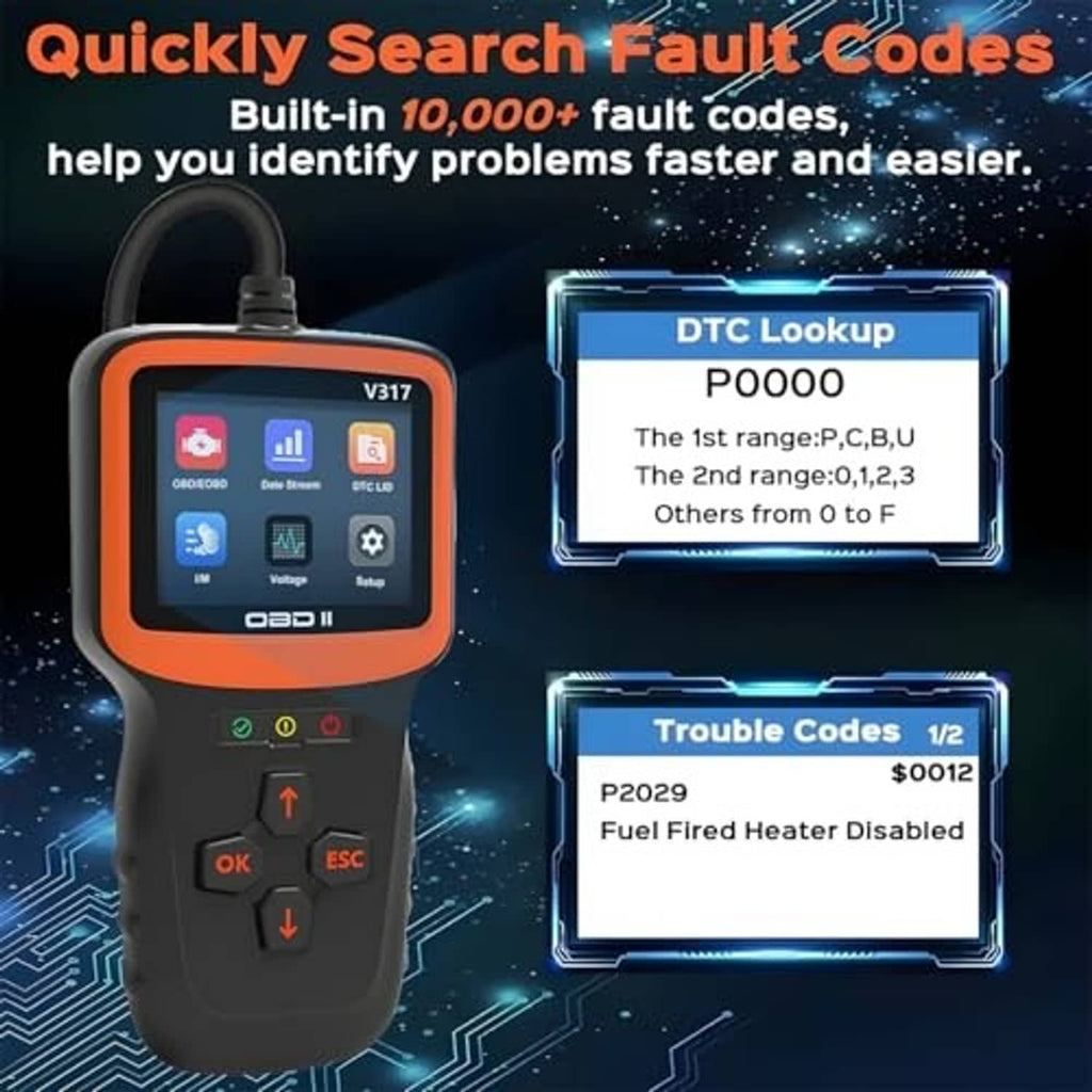OBD2 fault code scanner device with orange display bezel and arrow button controls