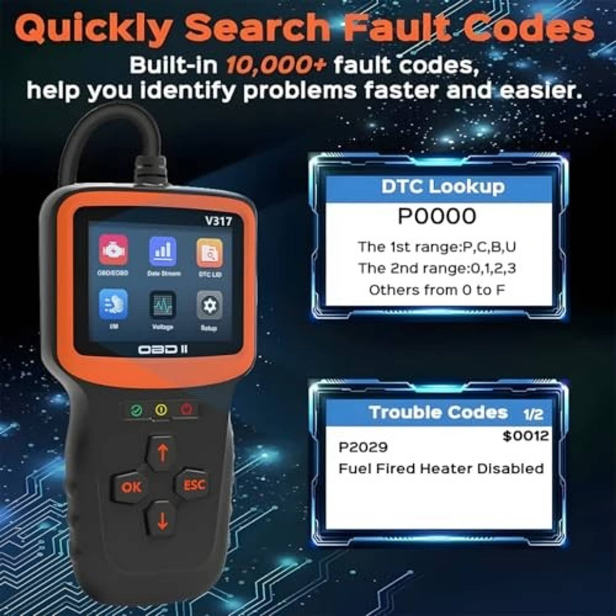 OBD2 fault code scanner device with orange display bezel and arrow button controls