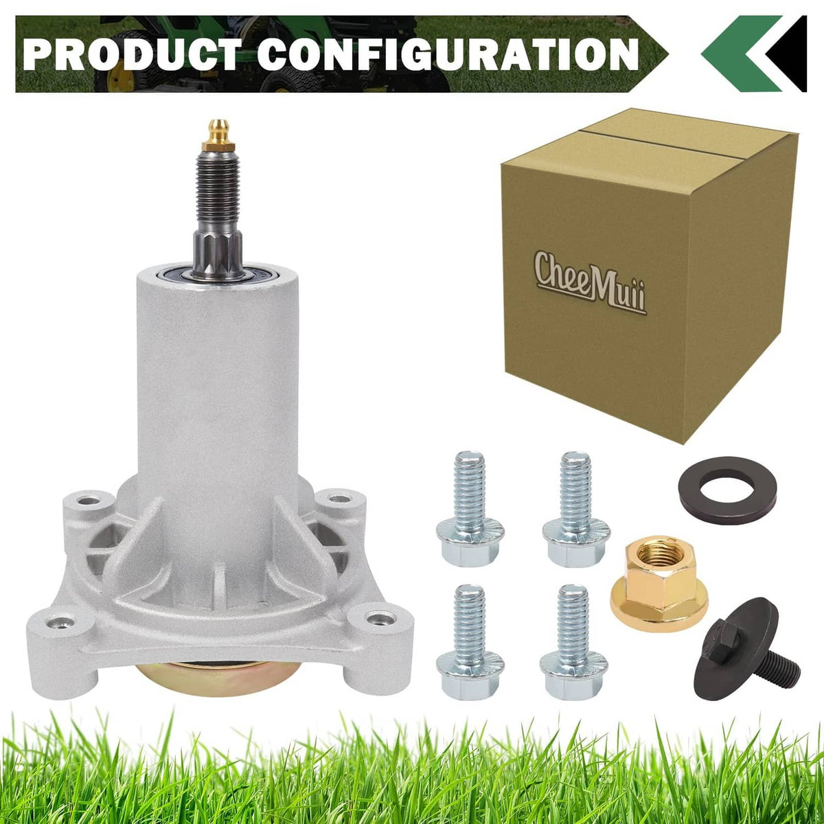 Lawn mower spindle assembly kit with bolts, spacer, and seal