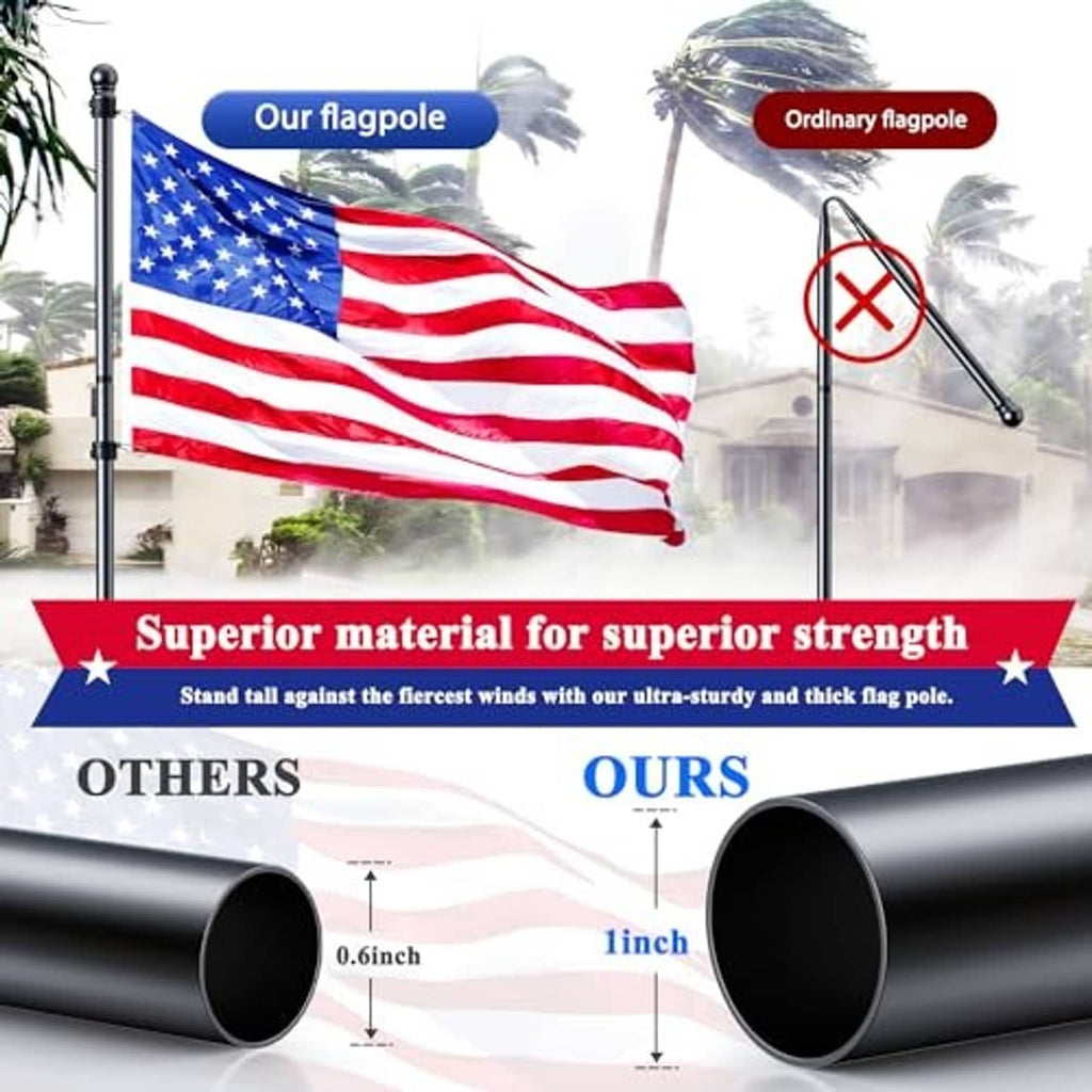 Black flag pole with thick tube sections and wall-mount bracket for strength