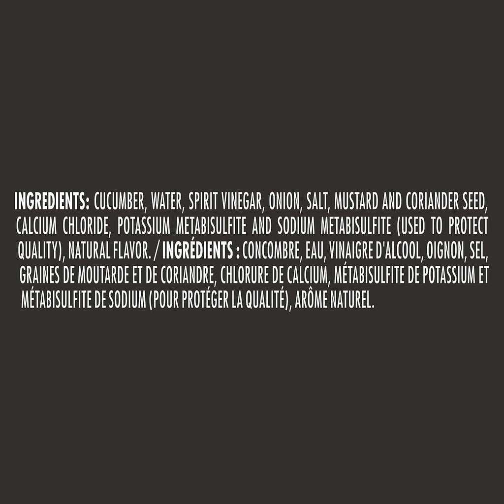 Ingredient list label for cornichons pickle product