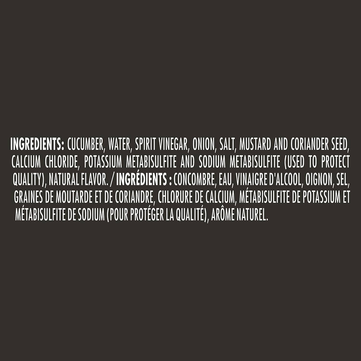 Ingredient list label for cornichons pickle product