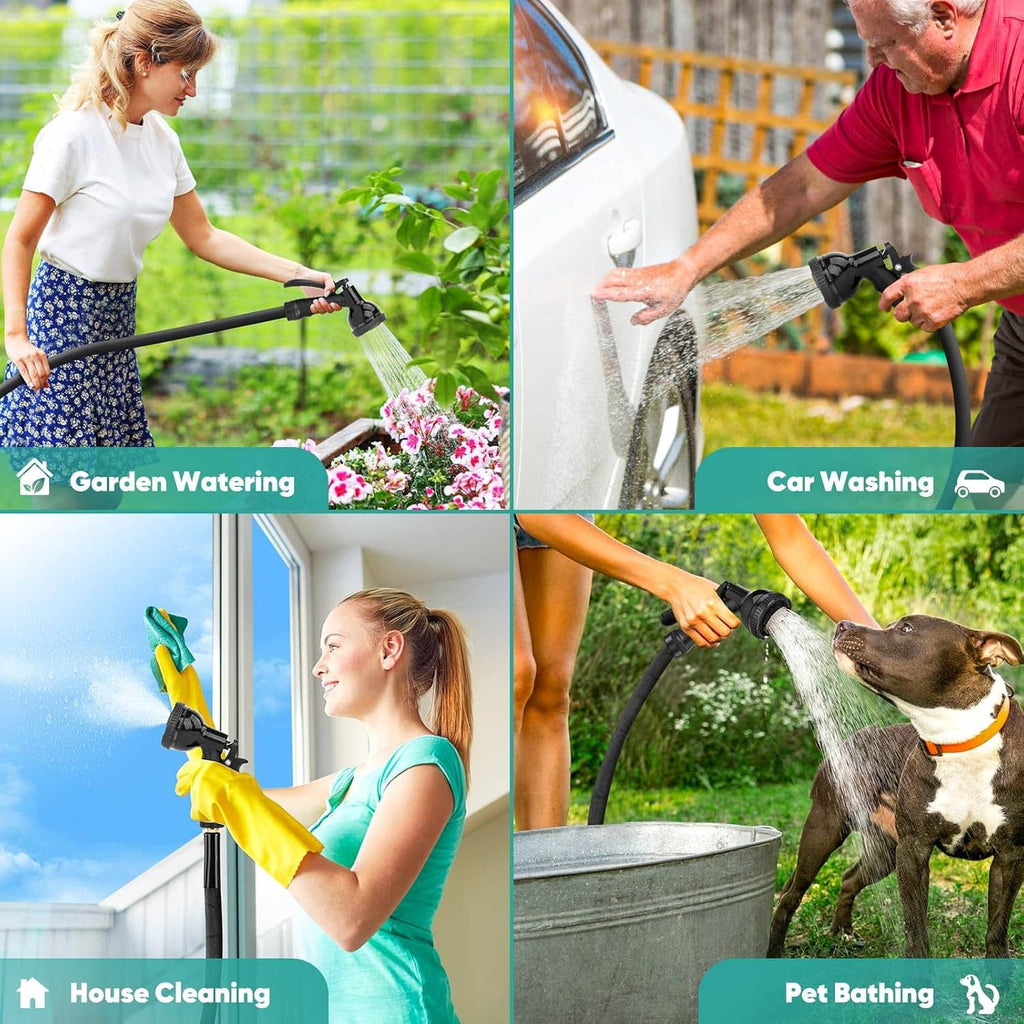 Black garden hose sprayer shown for watering plants, car washing, house cleaning, and pets
