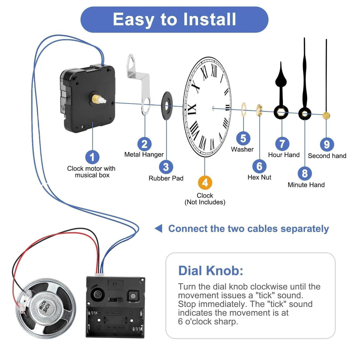 Clock chime mechanism with mounting hanger and included clock hands in install diagram