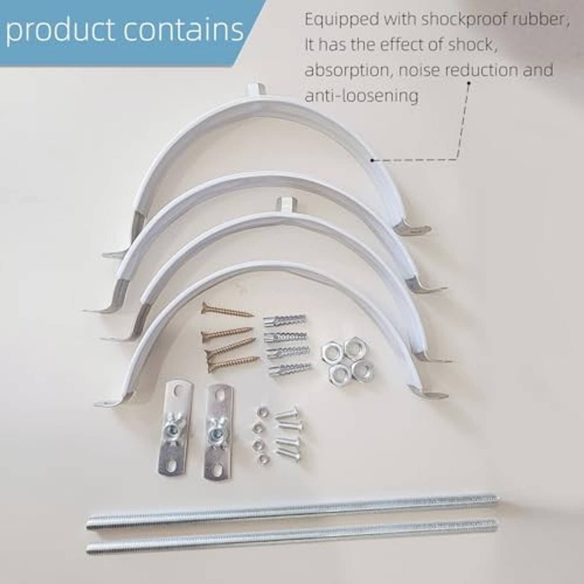 Pipe support kit with rubber-lined clamps, threaded rods, expansion screws, and mounting clips