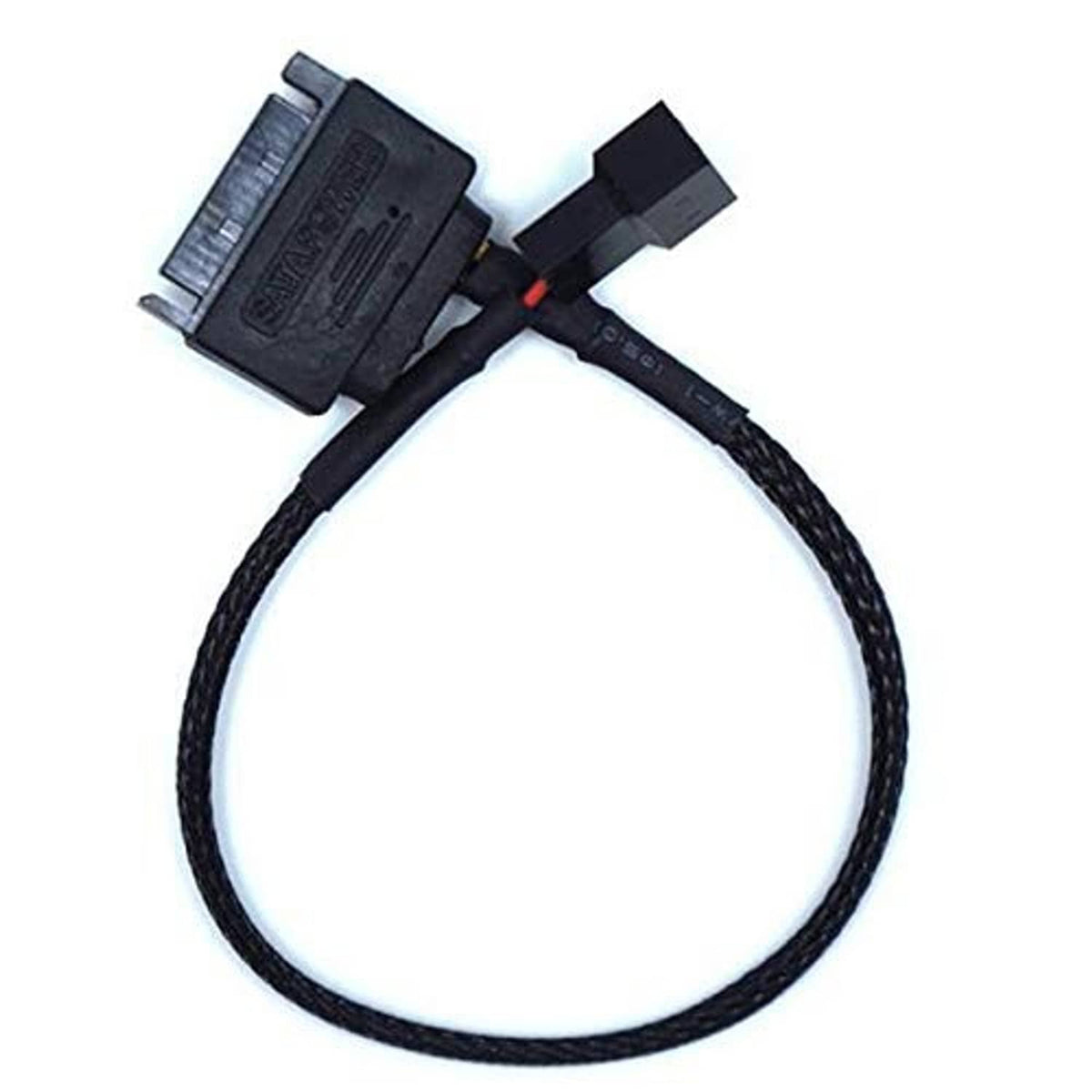 Black SATA to 3/4-pin PC fan adapter cable with orange-marked module and plugs