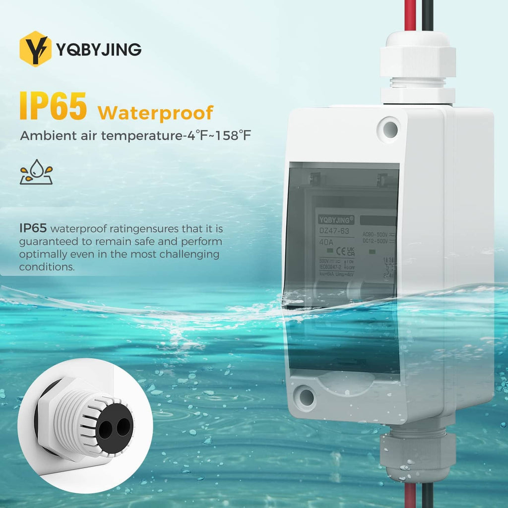 White waterproof solar disconnect switch with IP65 housing and visible internal breaker