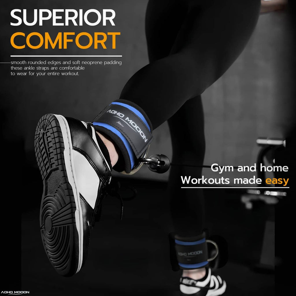 Blue and black ankle strap on a runner shoe for cable and gym workouts