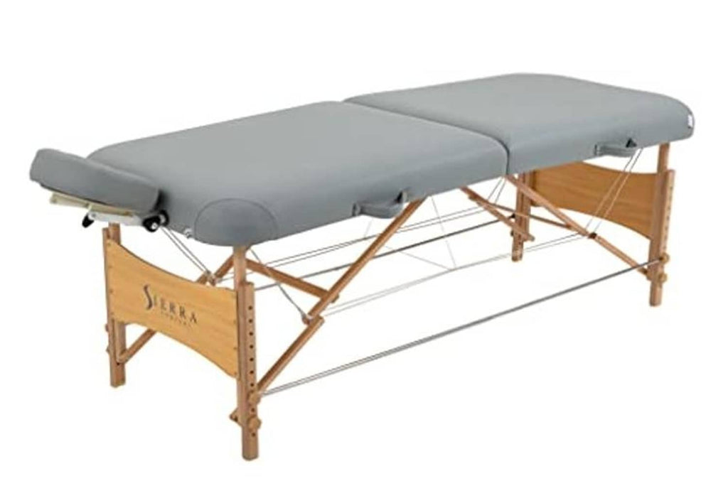 Gray portable massage table with two-piece padding and wooden folding frame