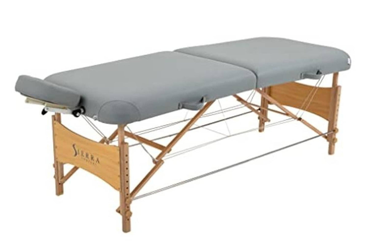 Gray portable massage table with two-piece padding and wooden folding frame