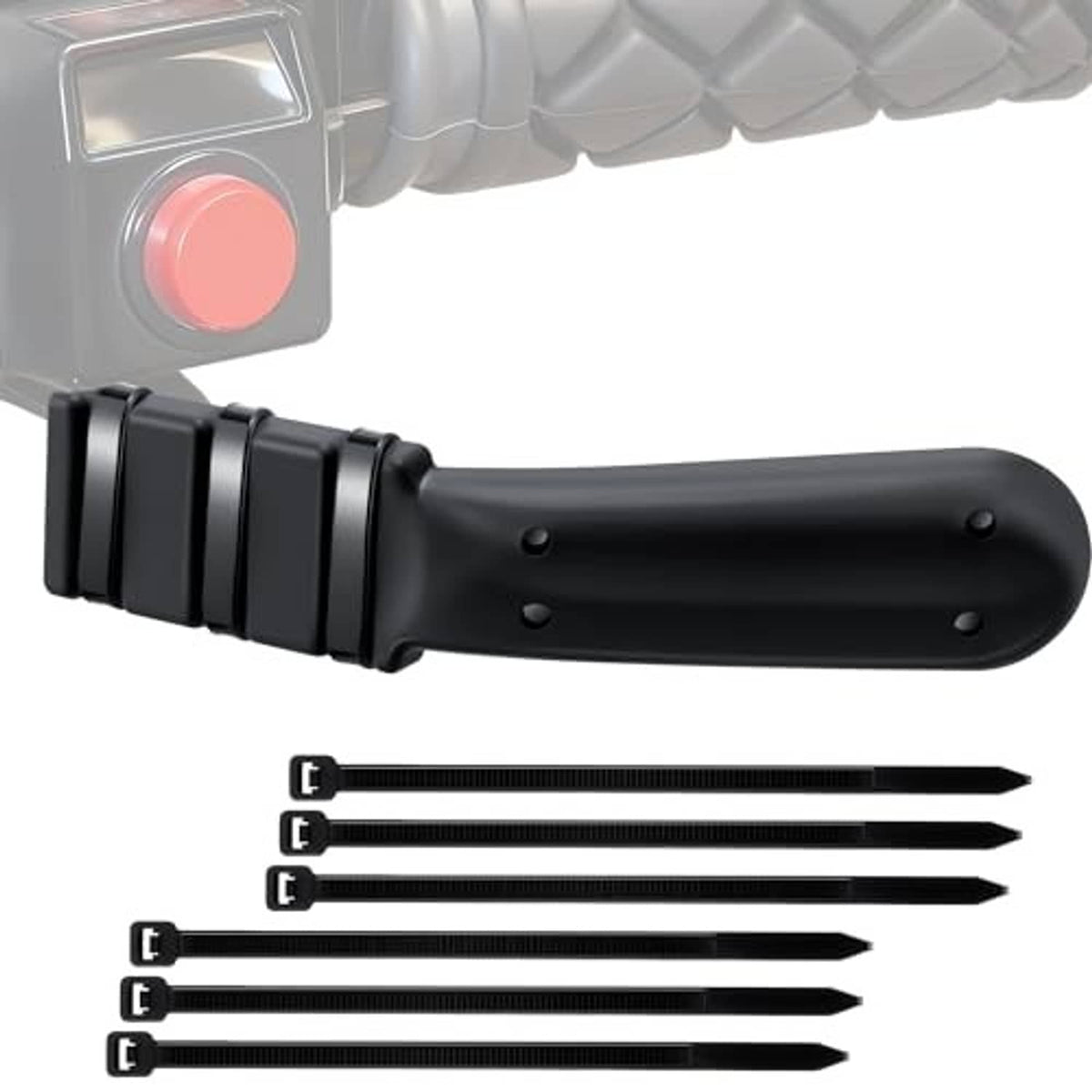 Black ATV thumb throttle extender with wrap-around clamp and included zip ties