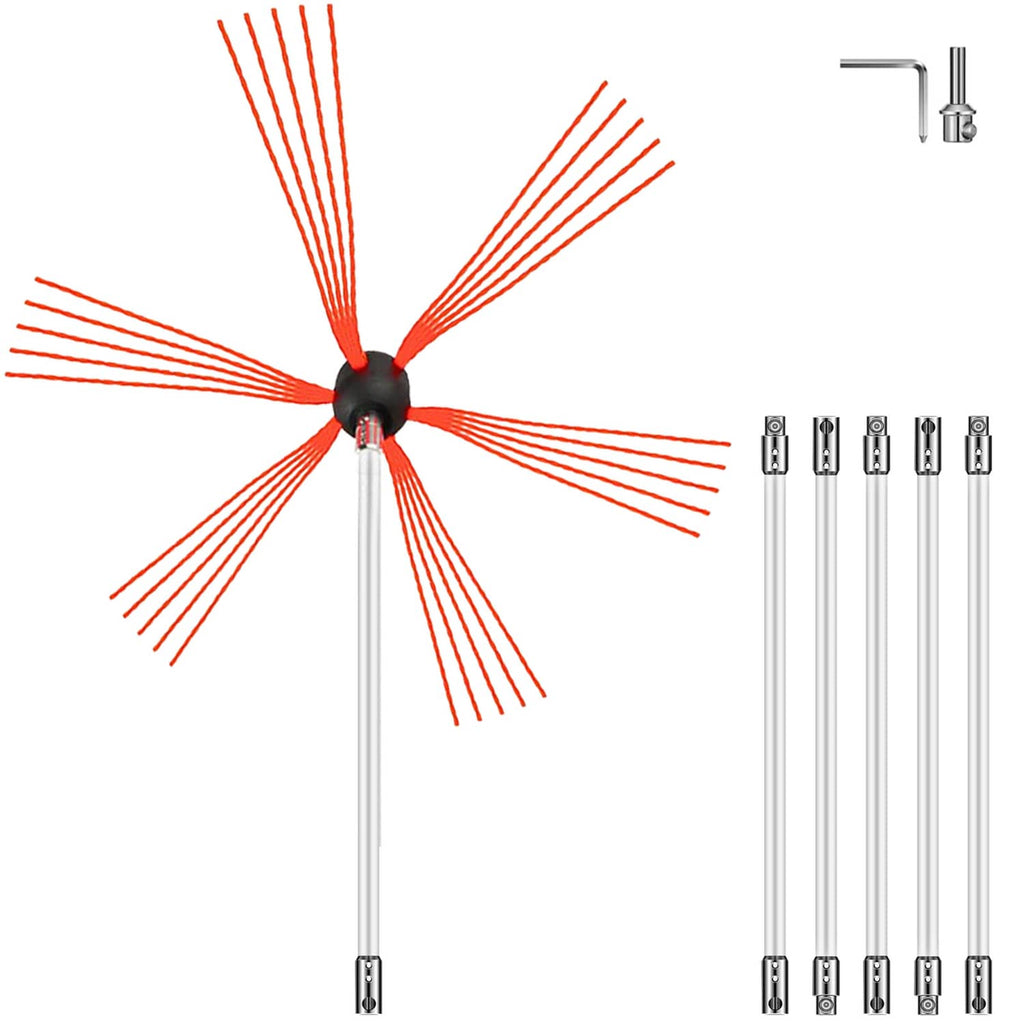 Chimney sweep cleaning kit with red bristle brush head and extendable rods