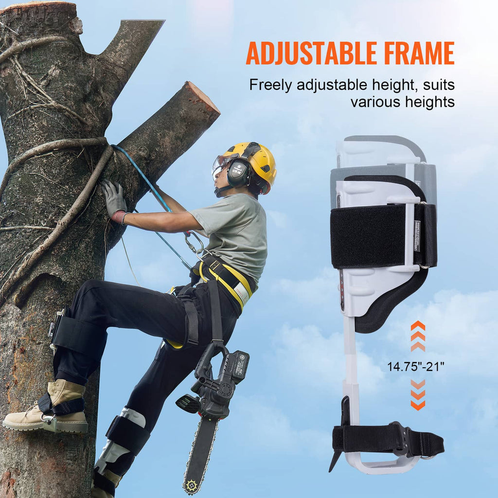 Tree climbing spurs adjustable frame with black ankle and leg straps and foam pads