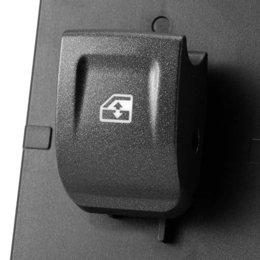 Close-up of black power window switch button with window icon