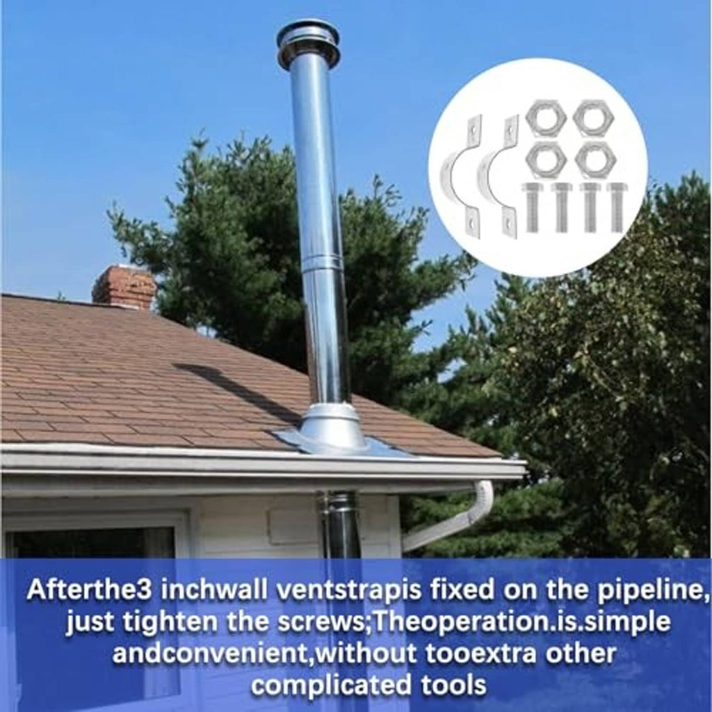 Galvanized split-ring pipe wall strap bracket holding a vertical vent pipe