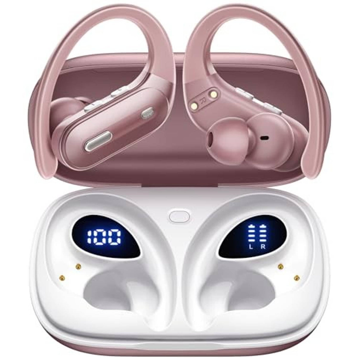 Rose pink wireless earbuds in white charging case with blue battery level LED displays