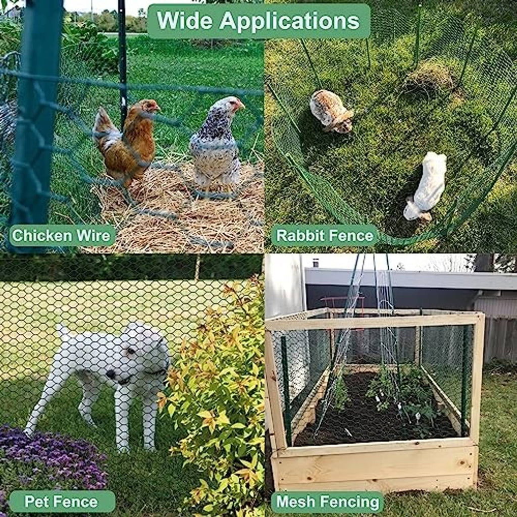 Green chicken wire mesh panels for fencing, shown rolled and laid out