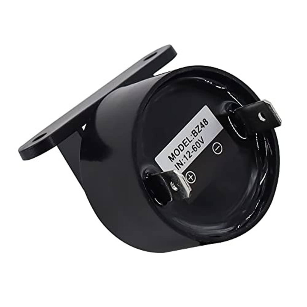 Black forward/reverse buzzer on side view with mounting bracket and model label