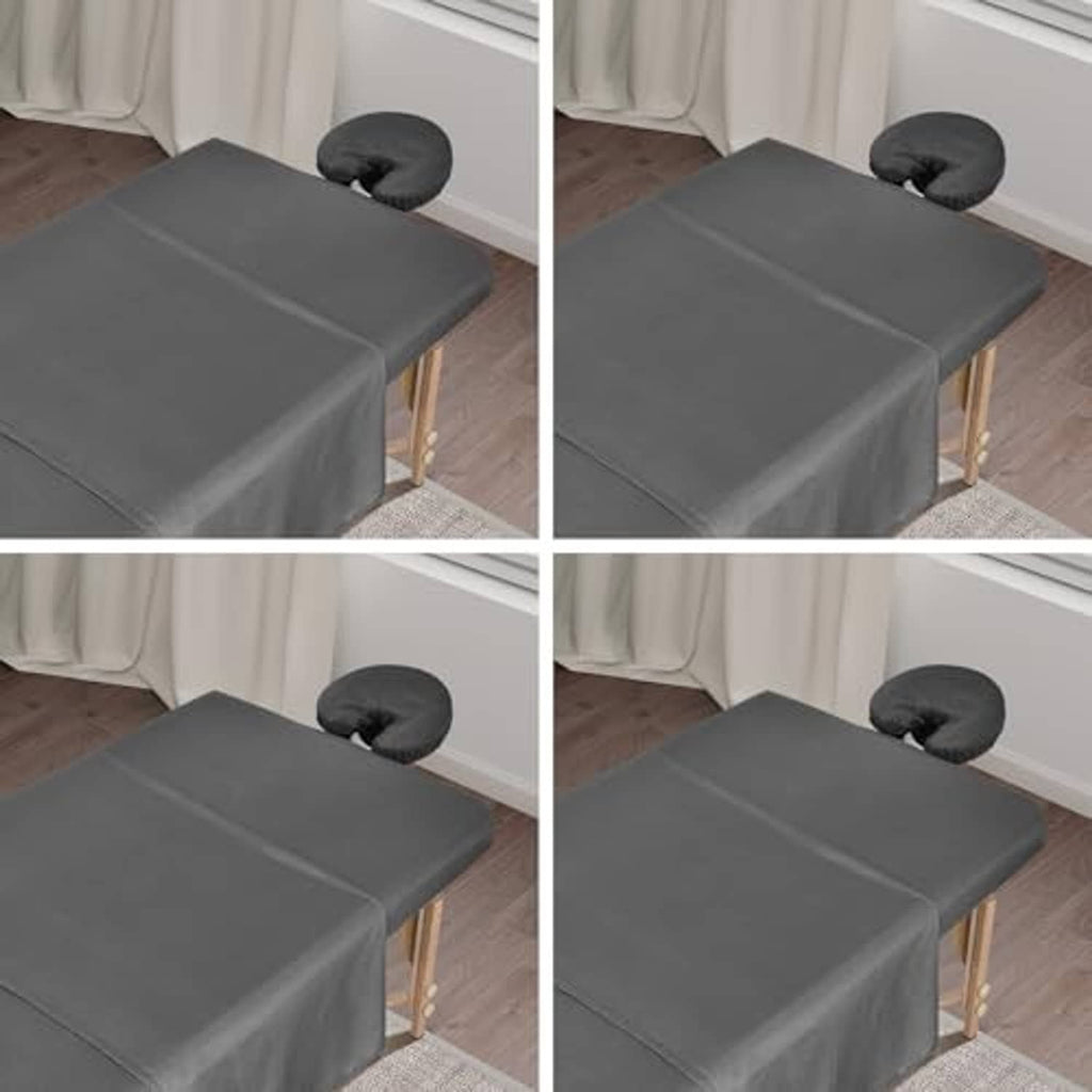 Grey fitted massage table sheets with a rounded headrest pillow cover on a table