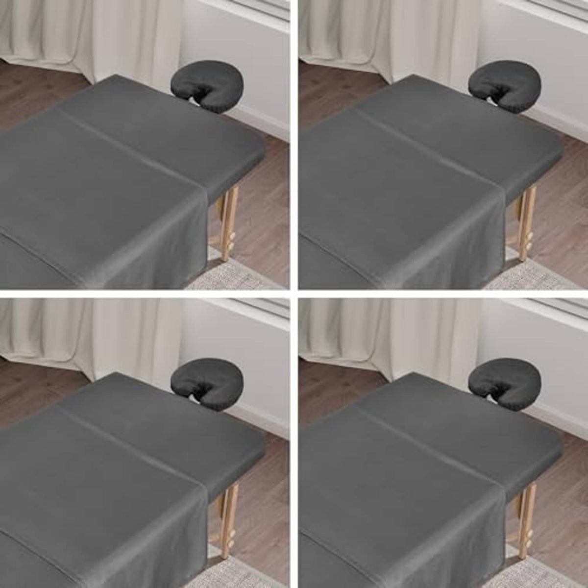 Grey fitted massage table sheets with a rounded headrest pillow cover on a table