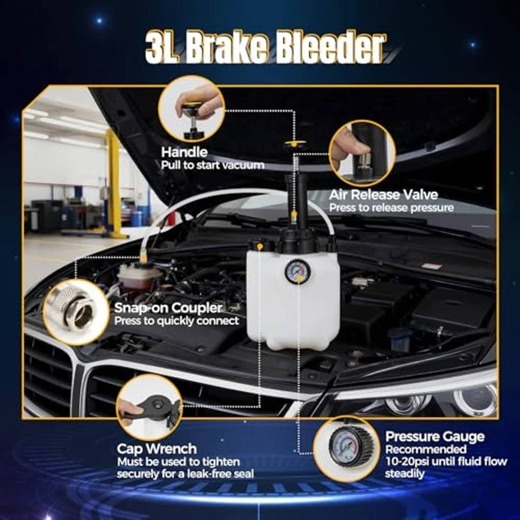 3L brake bleeder kit with vacuum handle, snap-on coupler, air release valve, gauge