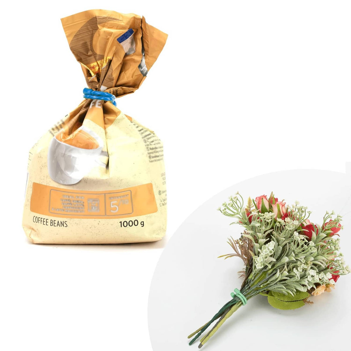 Coffee beans bag and small floral bouquet on a clean white background