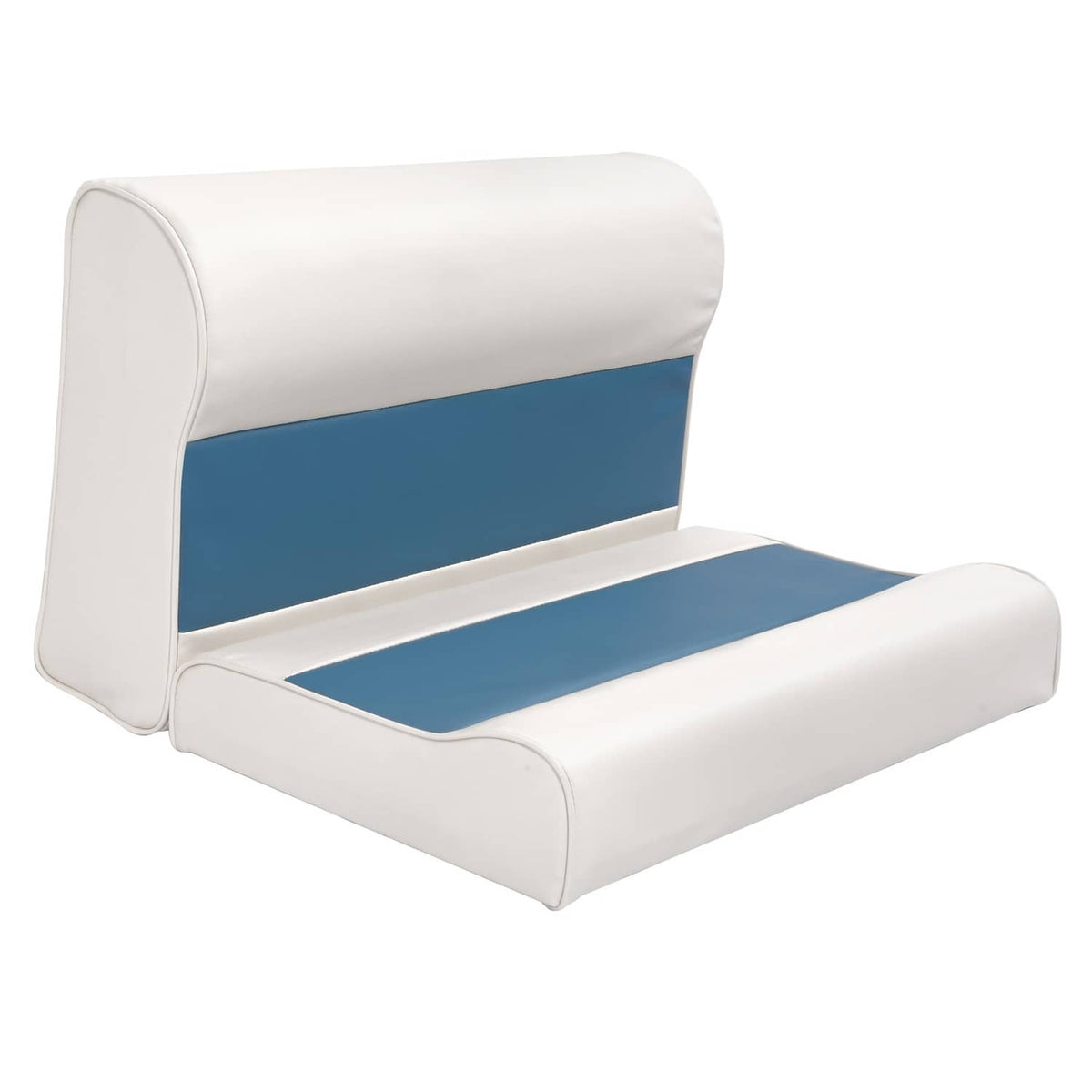 Pontoon bench seat cushion set with white upholstery and navy blue band across back and seat