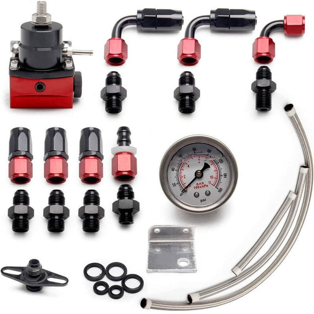 Fuel pressure regulator kit with red fittings, black hoses, pressure gauge, and mounting plate