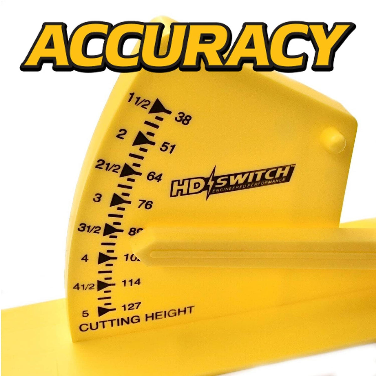 Yellow height scale gauge with HD Switch logo and measurement markings