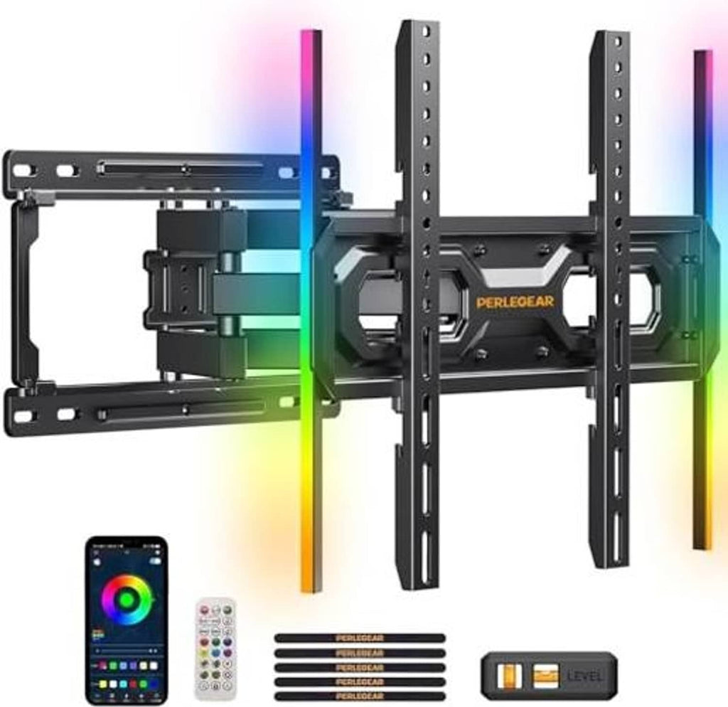 Full-motion TV wall mount bracket with VESA mounting plates and swivel arms