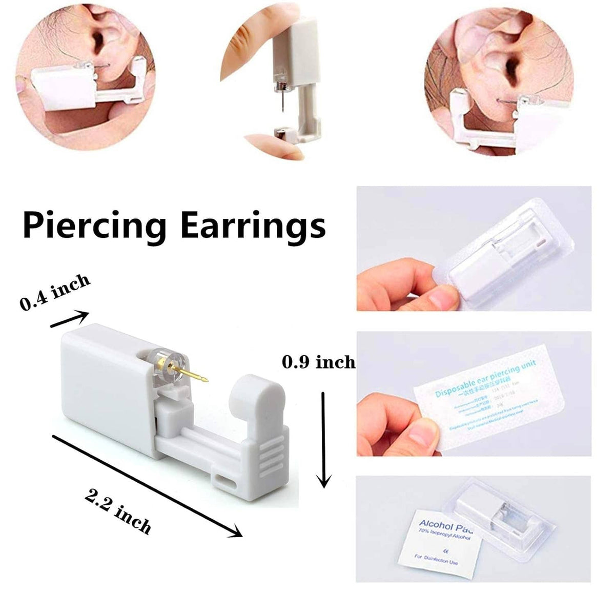 Disposable ear piercing gun with sterile pads and gold stud earrings set