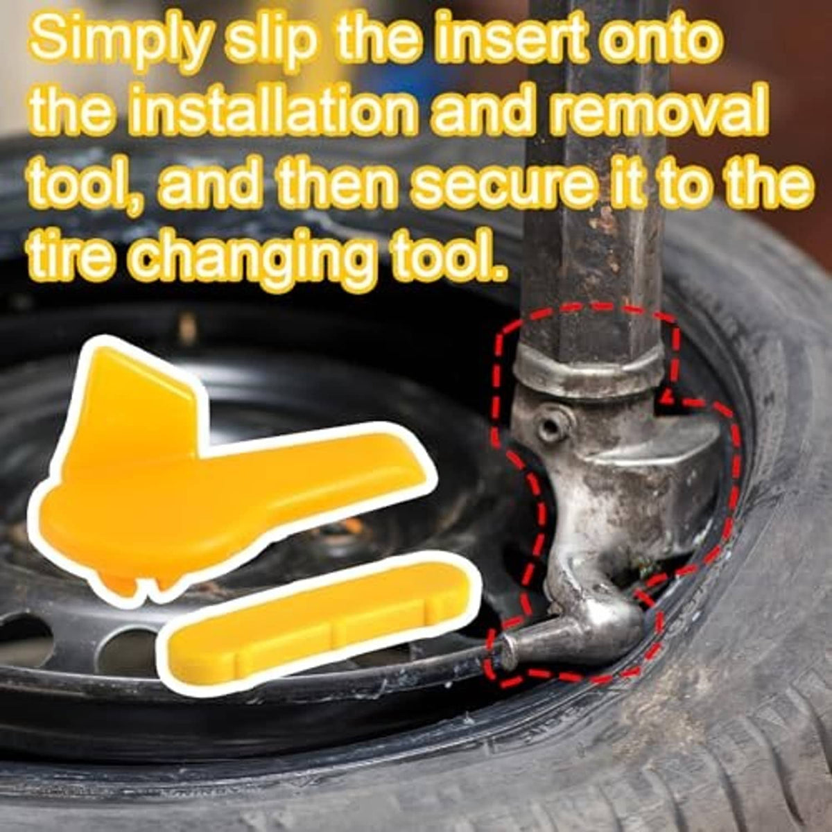 Yellow plastic rim protector insert positioned on a tire changer tool near the wheel edge