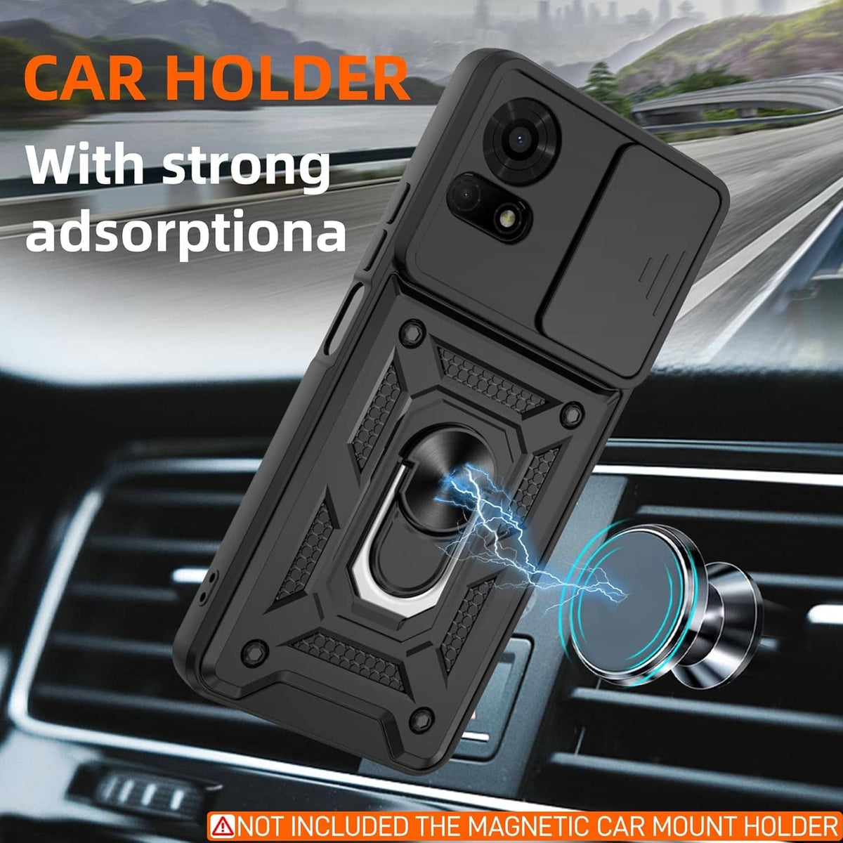 Black rugged phone case with car mount ring attachment and camera cutout