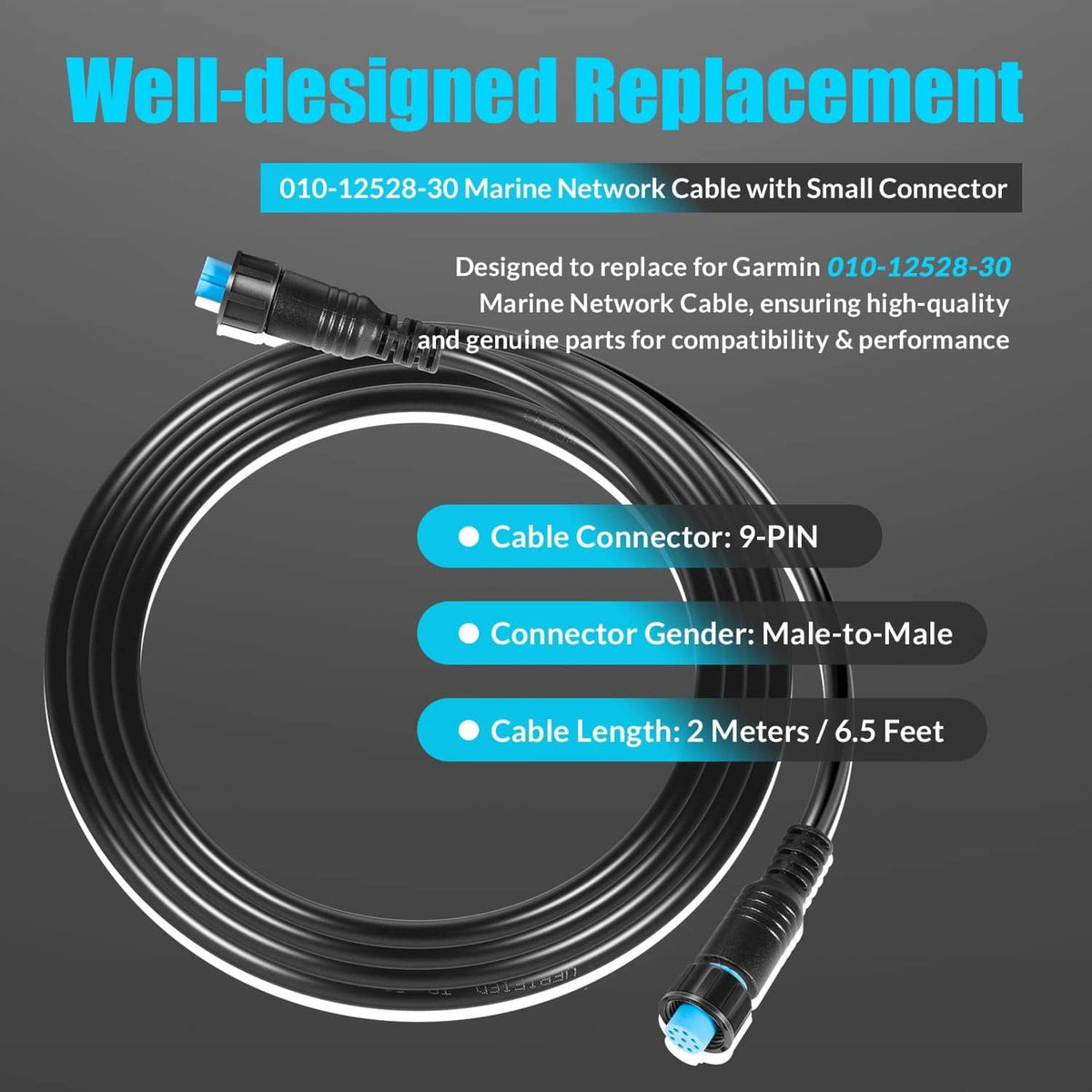 Coiled marine network replacement cable with blue 9-pin male-to-male connectors