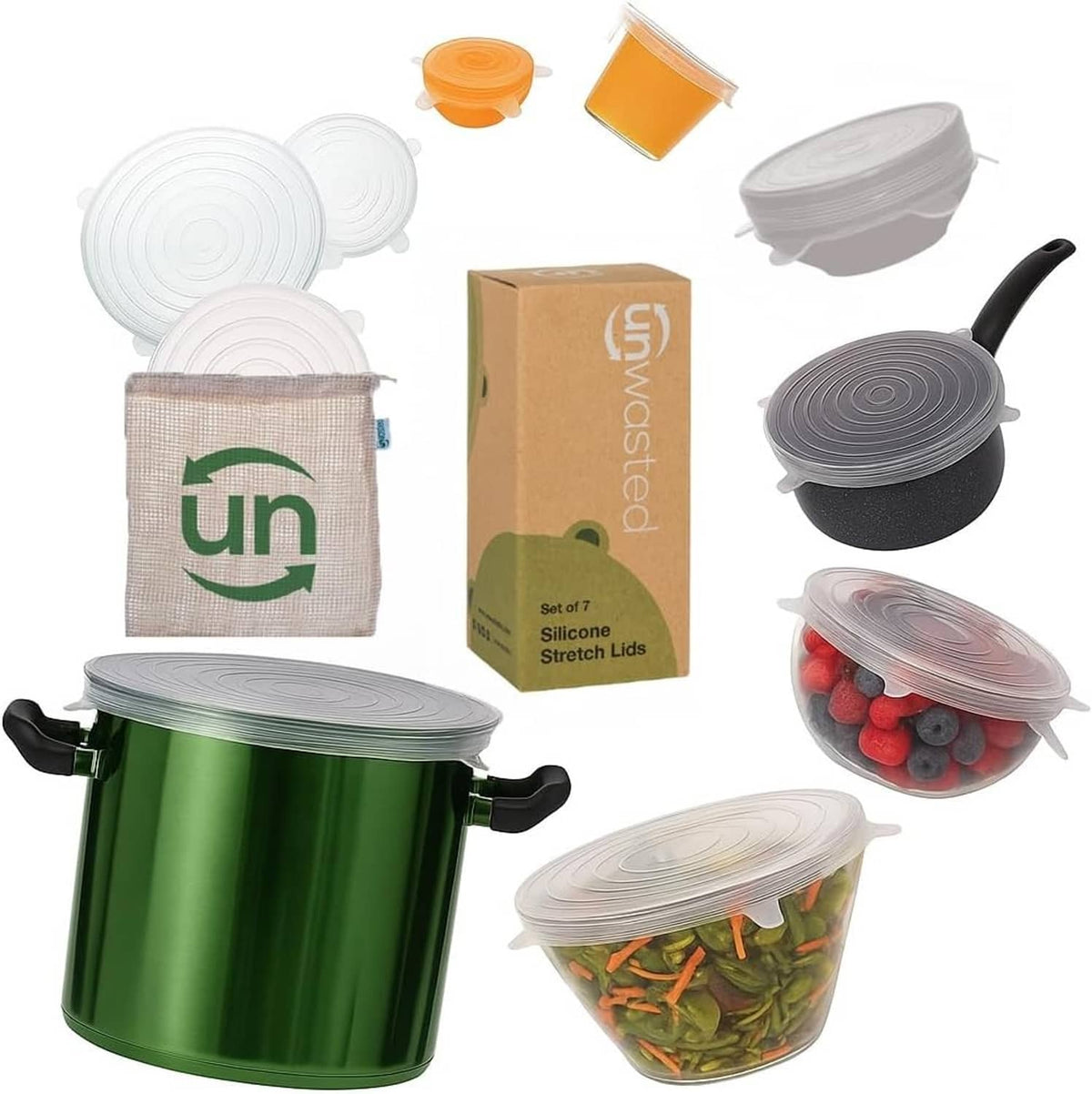 Assorted reusable clear silicone stretch lids with stackable round covers