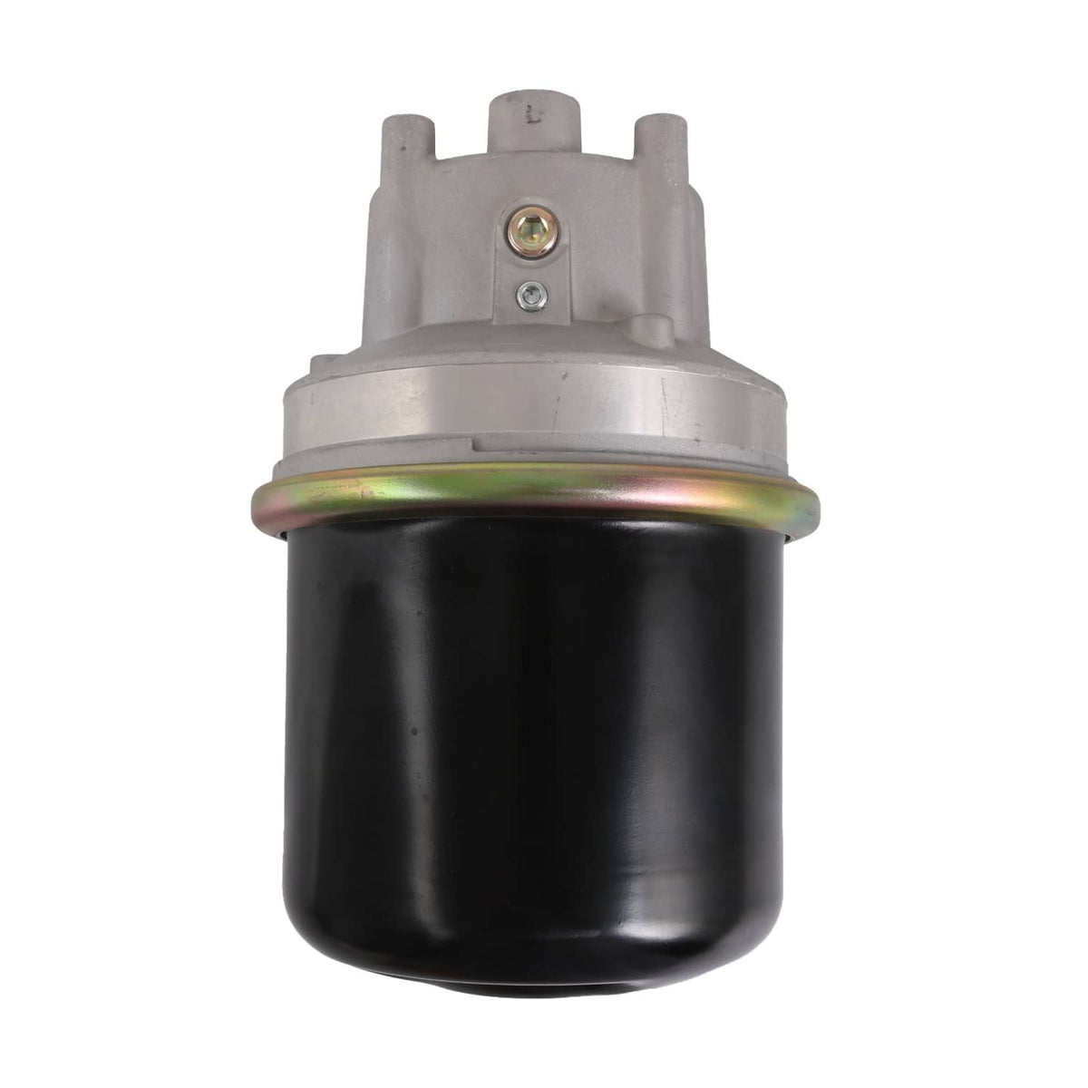 Air dryer with black reservoir and silver cap, top mounting and band detail