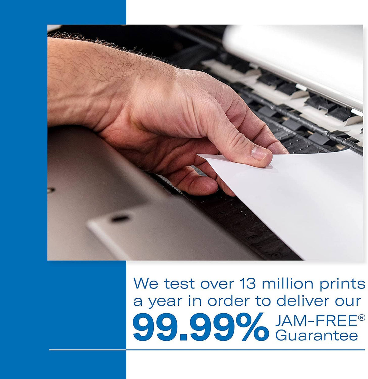 Hand placing a white sheet into a printer tray