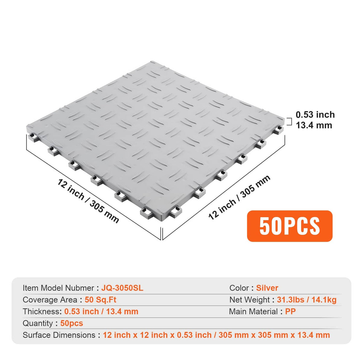 Silver interlocking garage floor tile set, 12x12 size with snap-lock edges