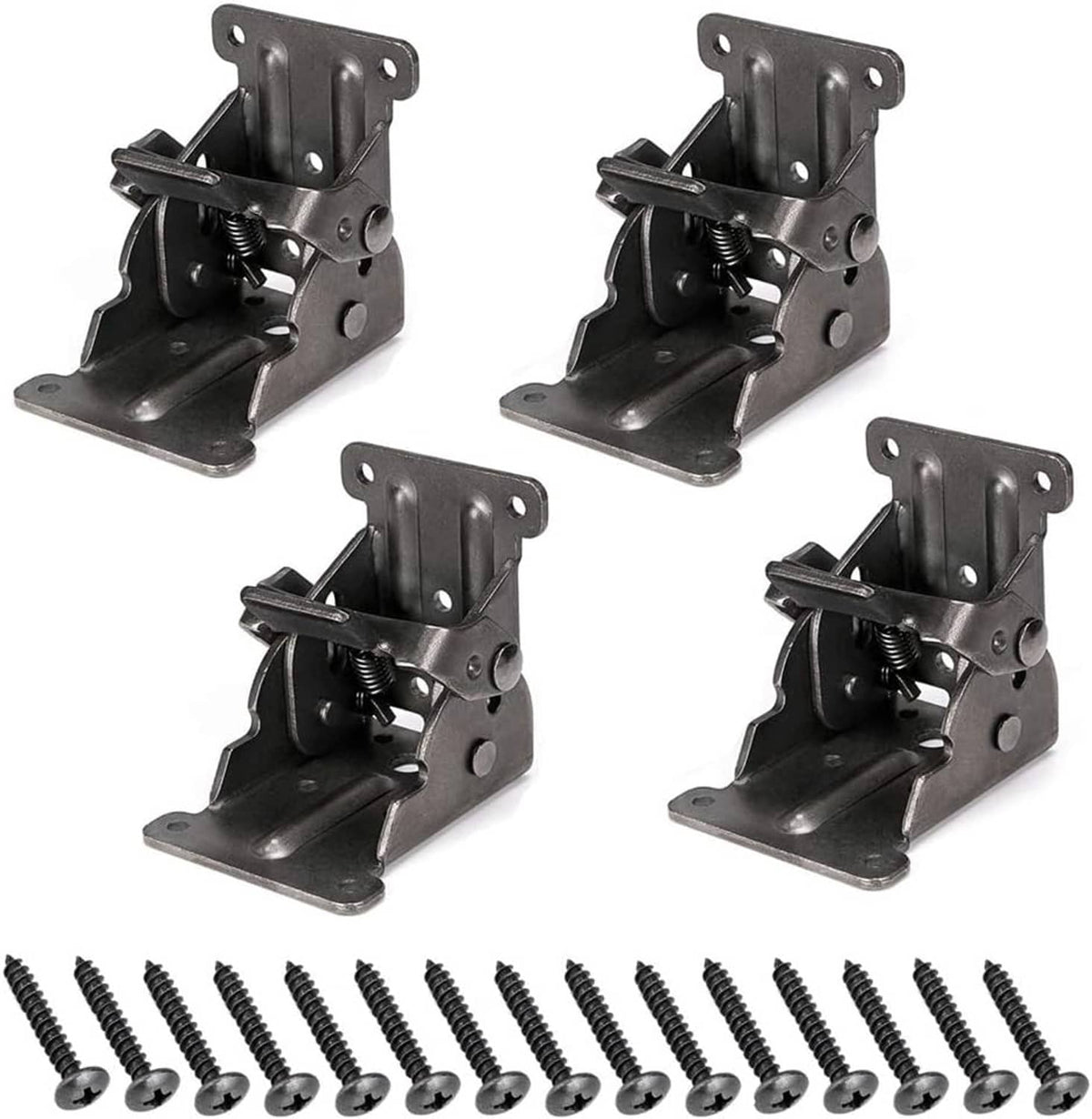Self-locking folding table leg brackets set in dark metal, with screws