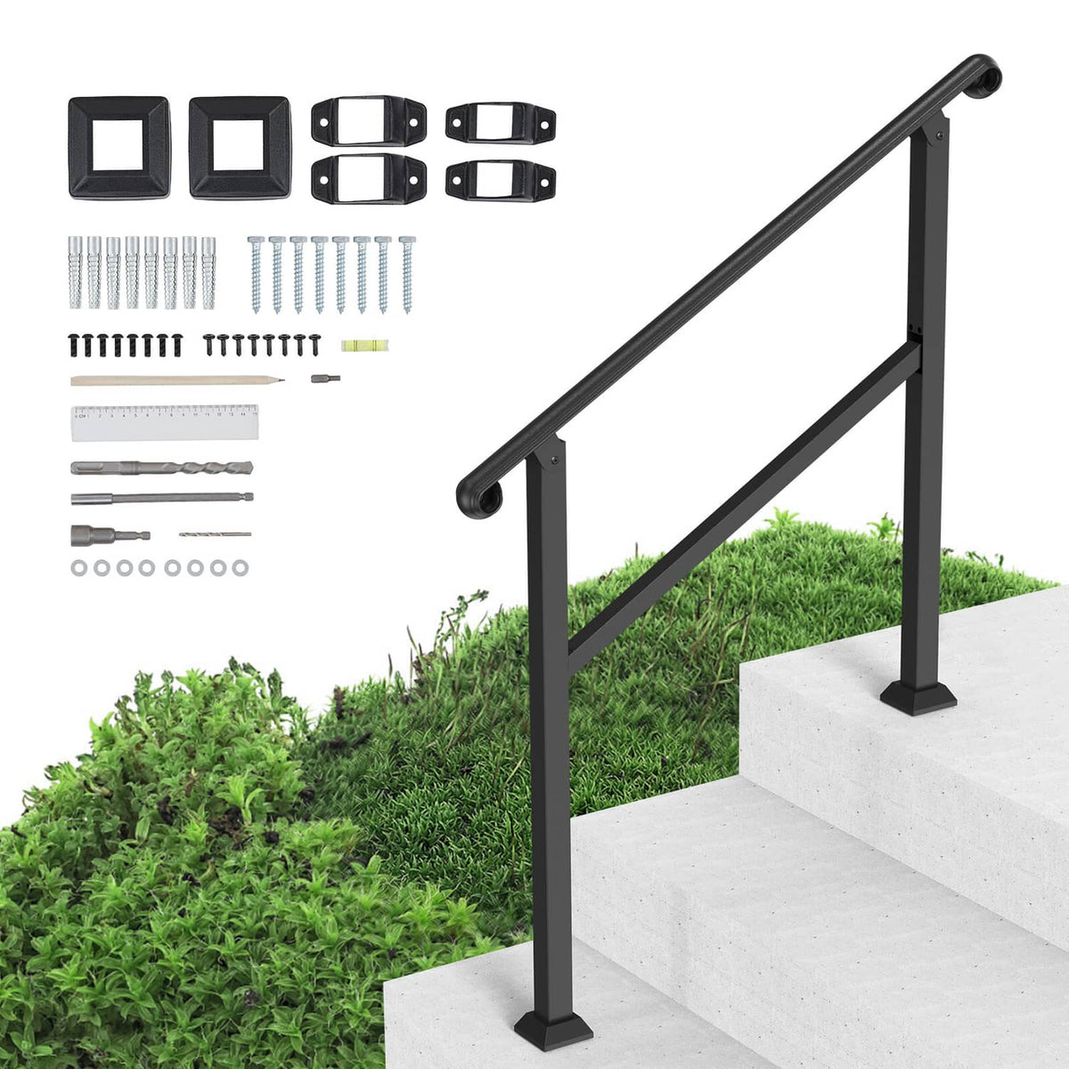 Adjustable black wrought iron stair handrail kit with mounting brackets and screws