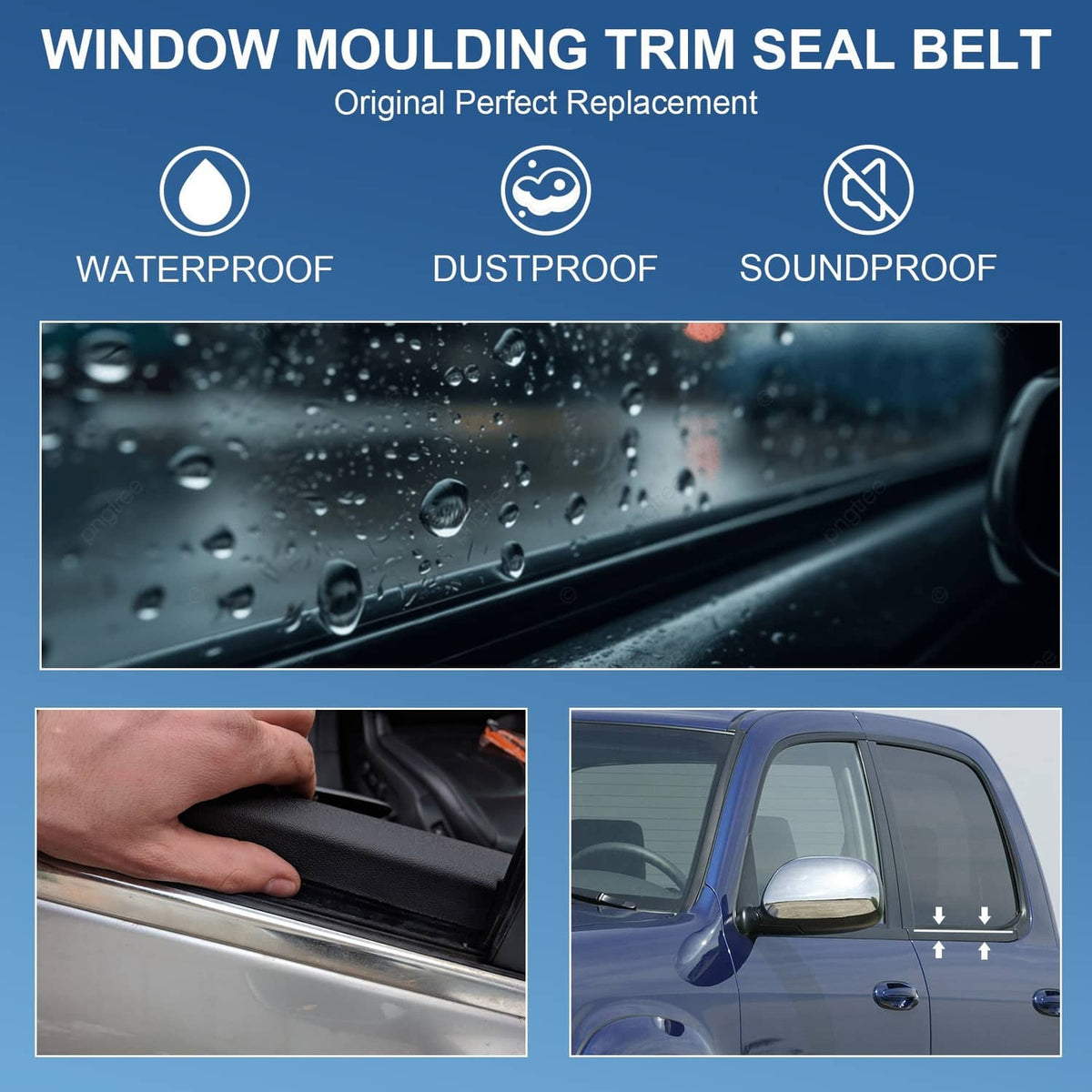 Black window trim seal belt shown sealing along a door window edge
