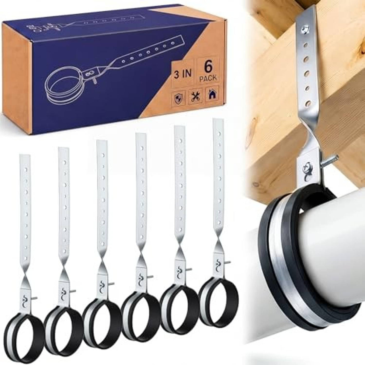 Pack of adjustable galvanized steel pipe hangers with black rubber-lined clamps